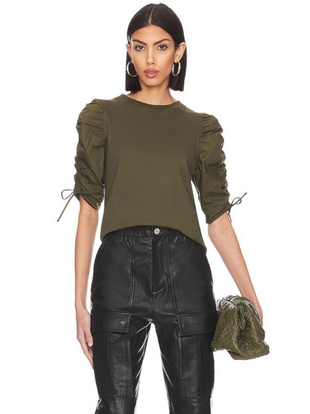 FRAME Ruched Tie Sleeve Tee In Olive